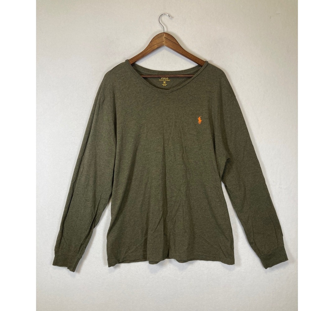 Classic Polo Ralph Lauren Men XL Olive Green V-Neck Long Sleeve Cotton Tee Shirt
